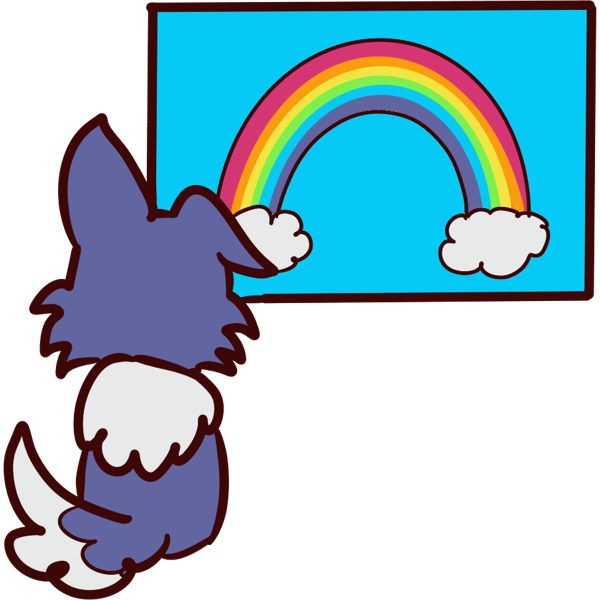 image of a dog looking at a movie screen w a rainbow on it